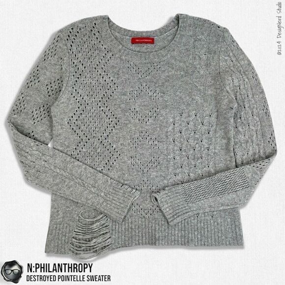 N:PHILANTHROPY DECONSTRUCTED POINTELLE CABLE KNIT SWEATER SHADOW WOOL CASHMERE - Picture 6 of 15